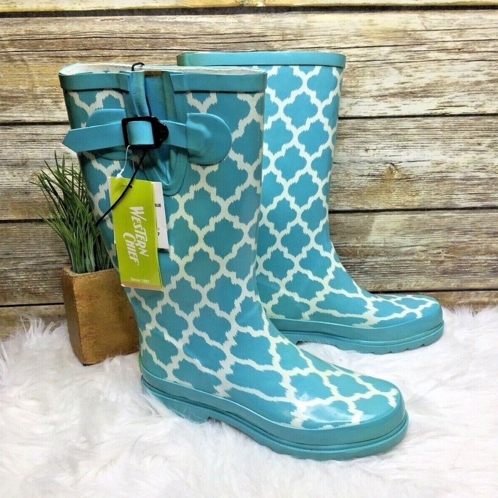 Western Chief Teal Blue Damask Print Rain Boots